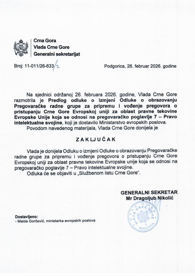 Предлог одлуке о измјени Одлуке о образовању Преговарачке радне групе за припрему и вођење преговора о приступању Црне Горе Европској унији за област правне тековине Европске уније која се односи на преговарачко поглавље 7 - Закључци
