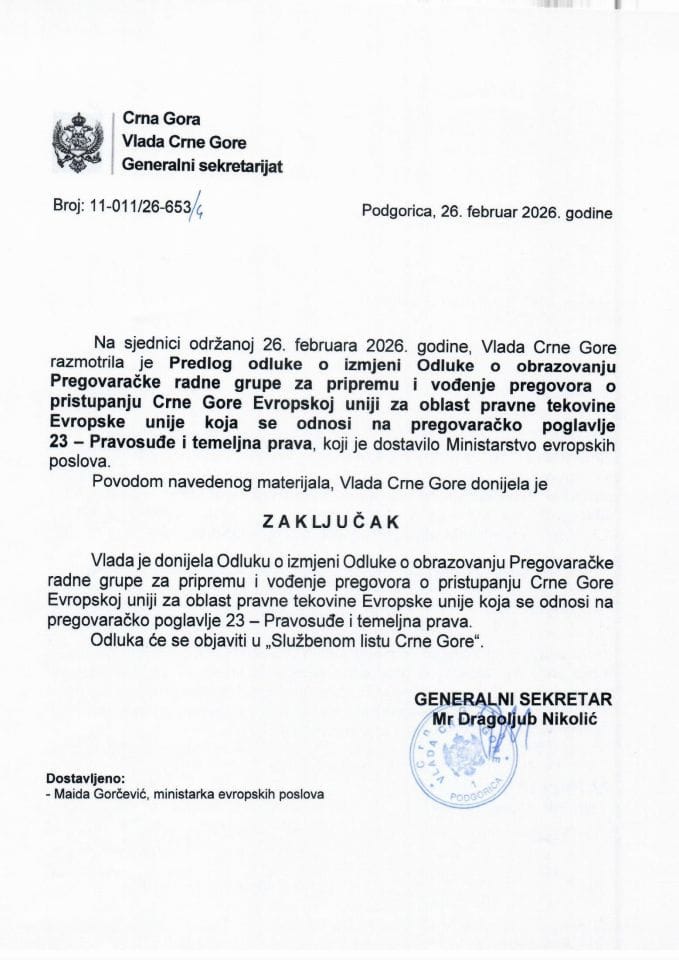 Предлог одлуке о измјени Одлуке о образовању Преговарачке радне групе за припрему и вођење преговора о приступању Црне Горе Европској унији за област правне тековине Европске уније која се односи на преговарачко поглавље 23 - Закључци