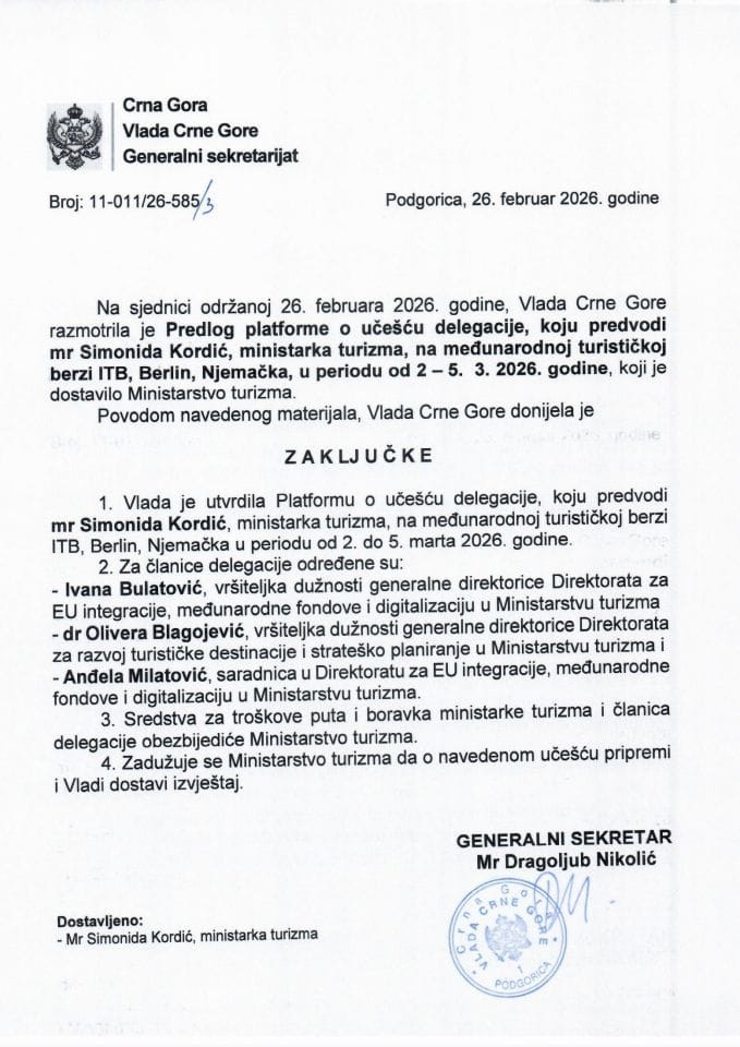 Предлог платформе о учешћу делегације, коју предводи мр Симонида Кордић, министарка туризма, на међународној туристичкој берзи ITB, Берлин, Њемачка, у периоду од 2 - 5. 3. 2026. године - Закључци
