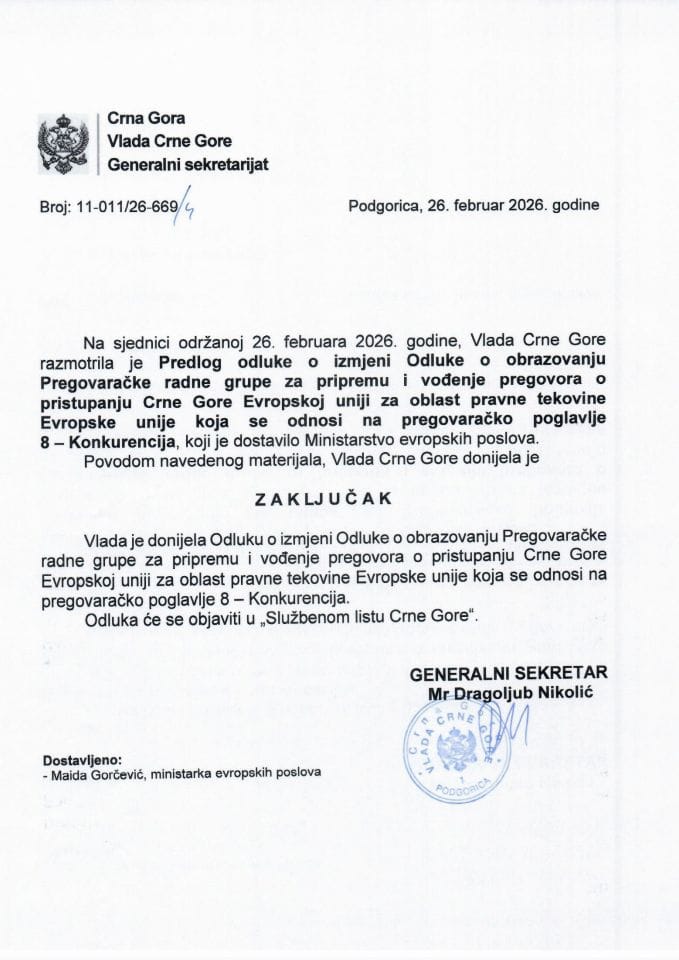Предлог одлуке о измјени Одлуке о образовању Преговарачке радне групе за припрему и вођење преговора о приступању Црне Горе Европској унији за област правне тековине Европске уније која се односи на преговарачко поглавље 8 – Конкуренција - Закључци