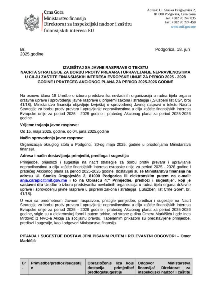 Izvještaj sa javne rasprave na nacrt Strategije za borbu protiv prevara i upravljanje nepravilnostima u cilju zaštite finansijskih interesa evropske unije za period