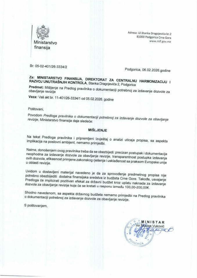 Mišljenje na Predlog pravilnika o dokumentaciji potrebnoj za izdavanje dozvole za obavljanje revizije