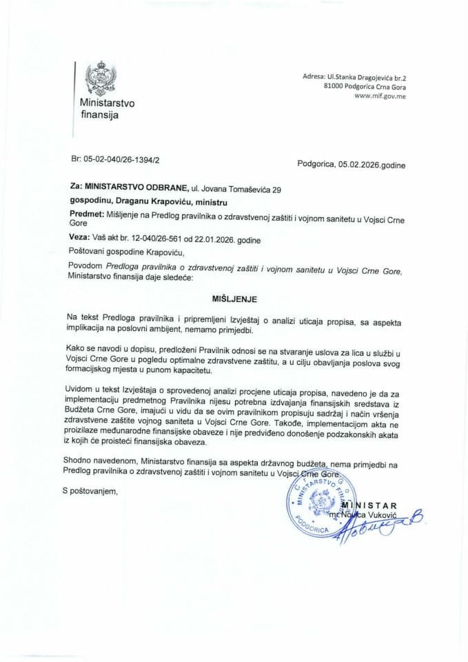 Mišljenje na Predlog pravilnika o zdravstvenoj zaštiti i vojnom sanitetu u Vojsci Crne Gore