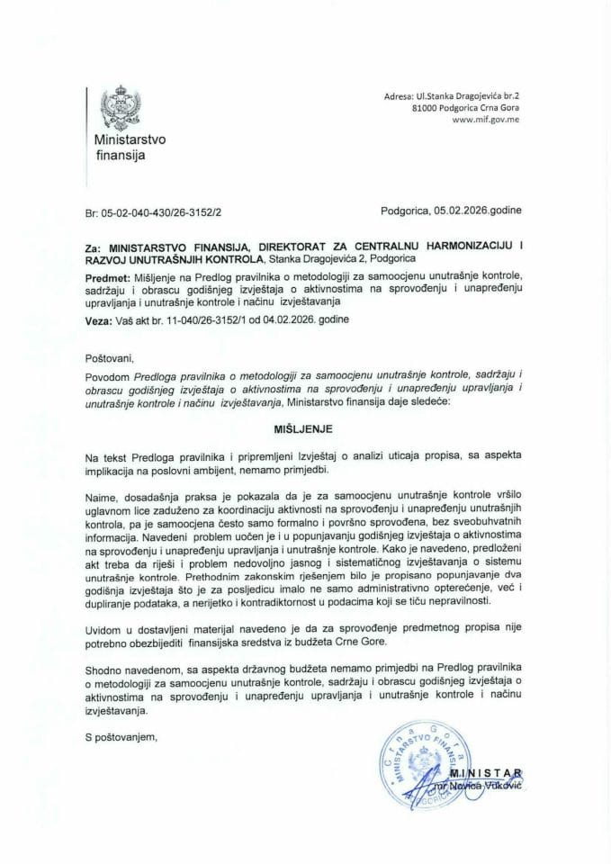 Mišljenje na Predlog pravilnika o metodologiji za samoocjenu unutrašnje kontrole, sadržaju i obrascu godišnjeg izvještaja o aktivnostima na sprovođenju i unapređenju upravljanja i unutrašnje kontrole i načinu izvještavanja