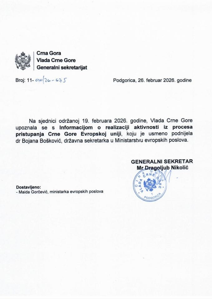 Usmena informacija o realizaciji aktivnosti iz procesa pristupanja Crne Gore Evropskoj uniji - Zaključci