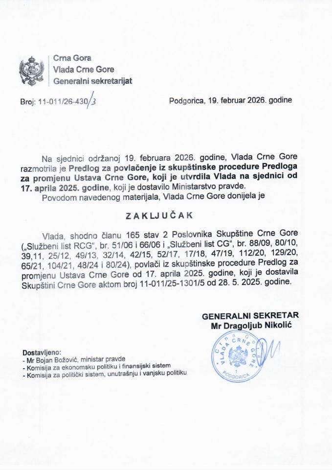 Predlog za povlačenje iz skupštinske procedure Predloga za promjenu Ustava Crne Gore, koji je utvrdila Vlada na sjednici od 17. aprila 2025. godine - Zaključci