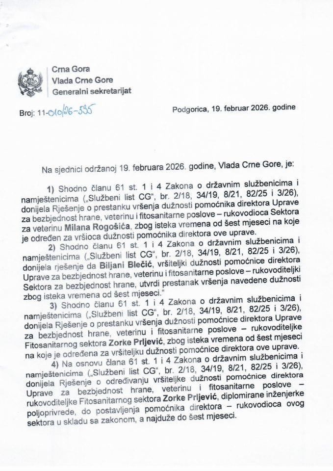 Kadrovska pitanja - 114. sjednica Vlade - Zaključci