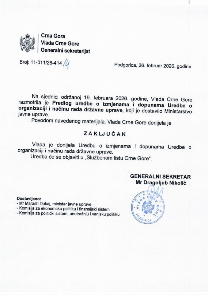 Predlog uredbe o izmjenama i dopunama Uredbe o organizaciji i načinu rada državne uprave - Zaključci