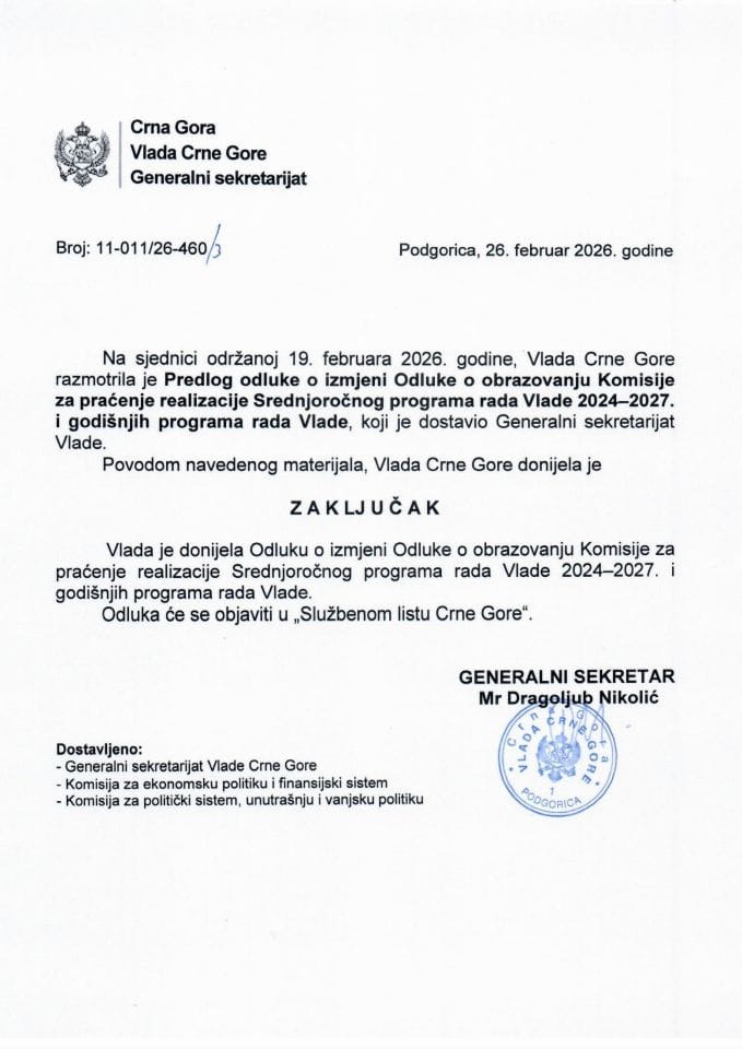 Predlog odluke o izmjeni Odluke o obrazovanju Komisije za praćenje realizacije Srednjoročnog programa rada Vlade 2024-2027 i godišnjih programa rada Vlade - Zaključci