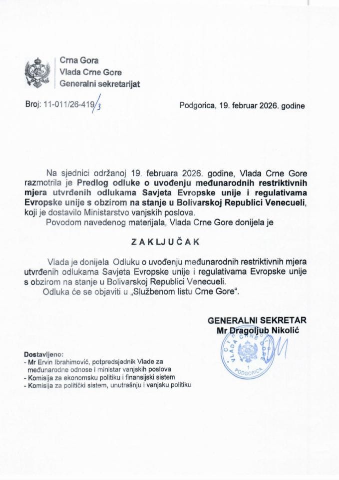 Predlog odluke o uvođenju međunarodnih restriktivnih mjera utvrđenih odlukama Savjeta Evropske unije i regulativama Evropske unije s obzirom na stanje u Bolivarskoj Republici Venecueli - Zaključci