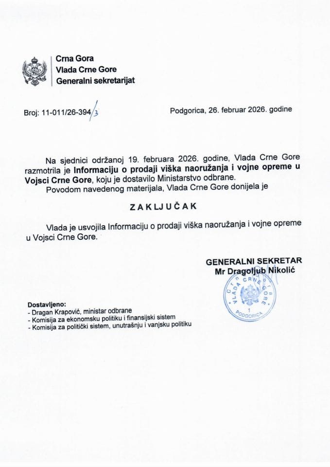 Informacija o prodaji viška naoružanja i vojne opreme u Vojsci Crne Gore - Zaključci