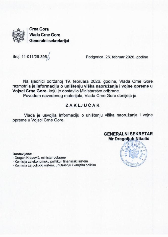 Informacija o uništenju viška naoružanja i vojne opreme u Vojsci Crne Gore - Zaključci