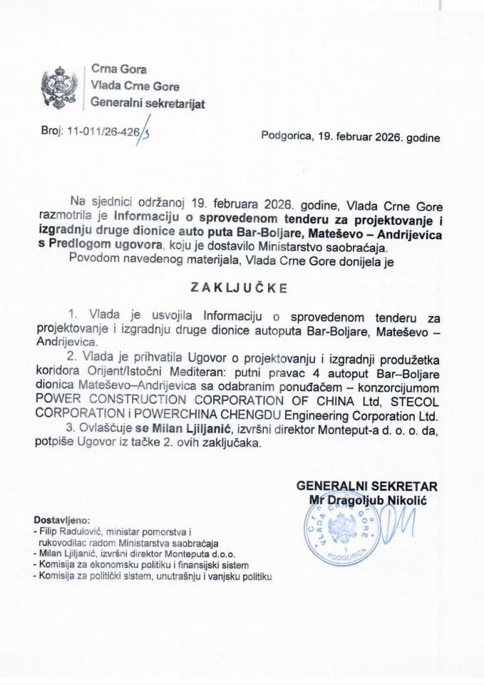 Informacija o sprovedenom tenderu za projektovanje i izgradnju druge dionice auto puta Bar-Boljare, Mateševo - Andrijevica s Predlogom ugovora - Zaključci