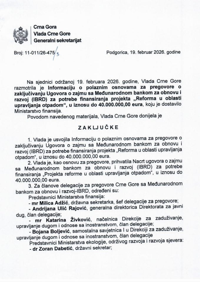 Informacija o polaznim osnovama za pregovore o zaključivanju Ugovora o zajmu sa Međunarodnom bankom za obnovu i razvoj (IBRD) za potrebe finansiranja projekta „Reforma u oblasti upravljanja otpadom“, u iznosu do 40.000.000,00 eura - Zaključci