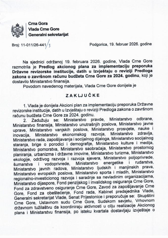 Predlog akcionog plana za implementaciju preporuka Državne revizorske institucije, datih u Izvještaju o reviziji Predloga zakona o završnom računu budžeta Crne Gore za 2024. godinu - Zaključci