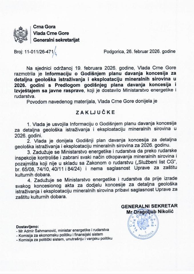 Informacija o Godišnjem planu davanja koncesija za detaljna geološka istraživanja i eksploataciju mineralnih sirovina za 2026. godinu s Predlogom godišnjeg plana davanja koncesija i Izvještajem sa javne rasprave - Zaključci