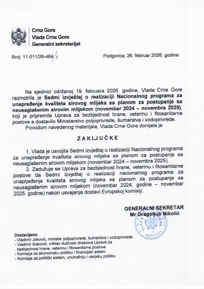 Sedmi izvještaj o realizaciji Nacionalnog programa za unaprjeđenje kvaliteta sirovog mlijeka sa planom za postupanje sa neusaglašenim sirovim mlijekom (novembar 2024 - novembar 2025.) - Zaključci