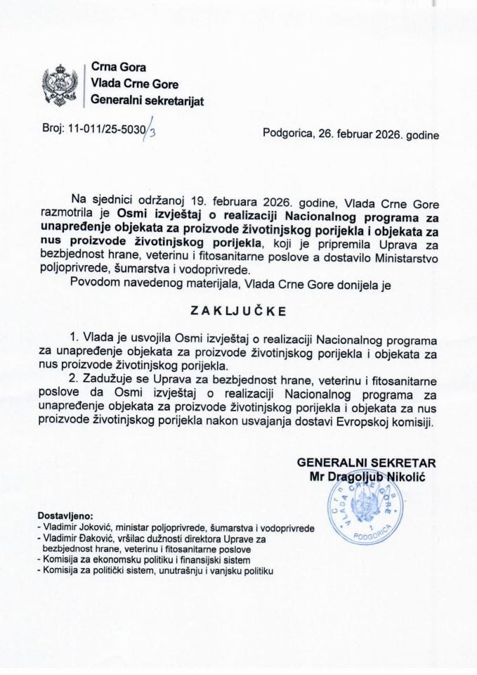 Osmi izvještaj o realizaciji Nacionalnog programa za unaprjeđenje objekata za proizvode životinjskog porijekla i objekata za nus proizvode životinjskog porijekla  Zaključci