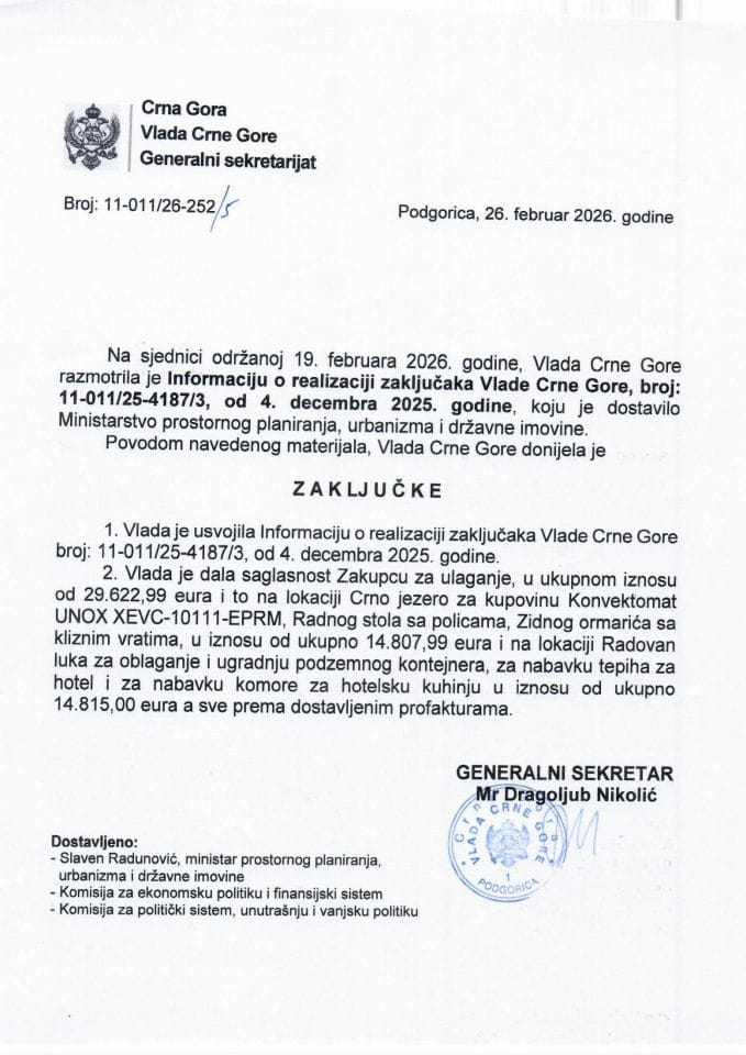 Informacija o realizaciji zaključaka Vlade Crne Gore, broj: 11-011/25-4187/3, od 4. decembra 2025. godine - Zaključci