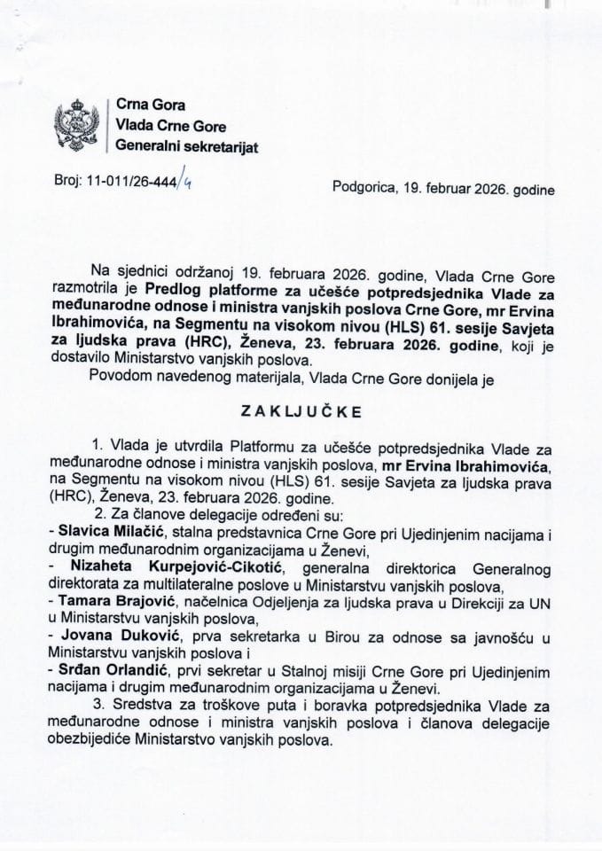 Predlog platforme za učešće potpredsjednika Vlade za međunarodne odnose i ministra vanjskih poslova Crne Gore mr Ervina Ibrahimovića na Segmentu na visokom nivou (HLS) 61. sesije Savjeta za ljudska prava (HRC) - Zaključci