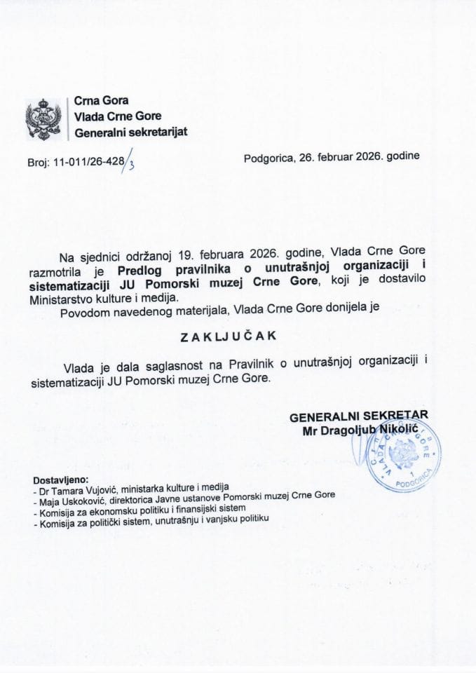 Predlog pravilnika o unutrašnjoj organizaciji i sistematizaciji Javne ustanove Pomorski muzej Crne Gore - Zaključci