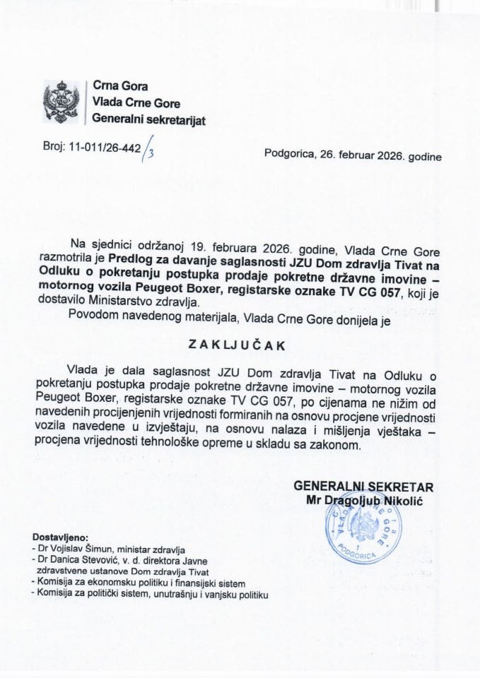 Predlog za davanje saglasnosti JZU Dom zdravlja Tivat na Odluku o pokretanju postupka prodaje pokretne državne imovine - motornog vozila Peugeot Boxer, registarske oznake TV-CG 057 - Zaključci