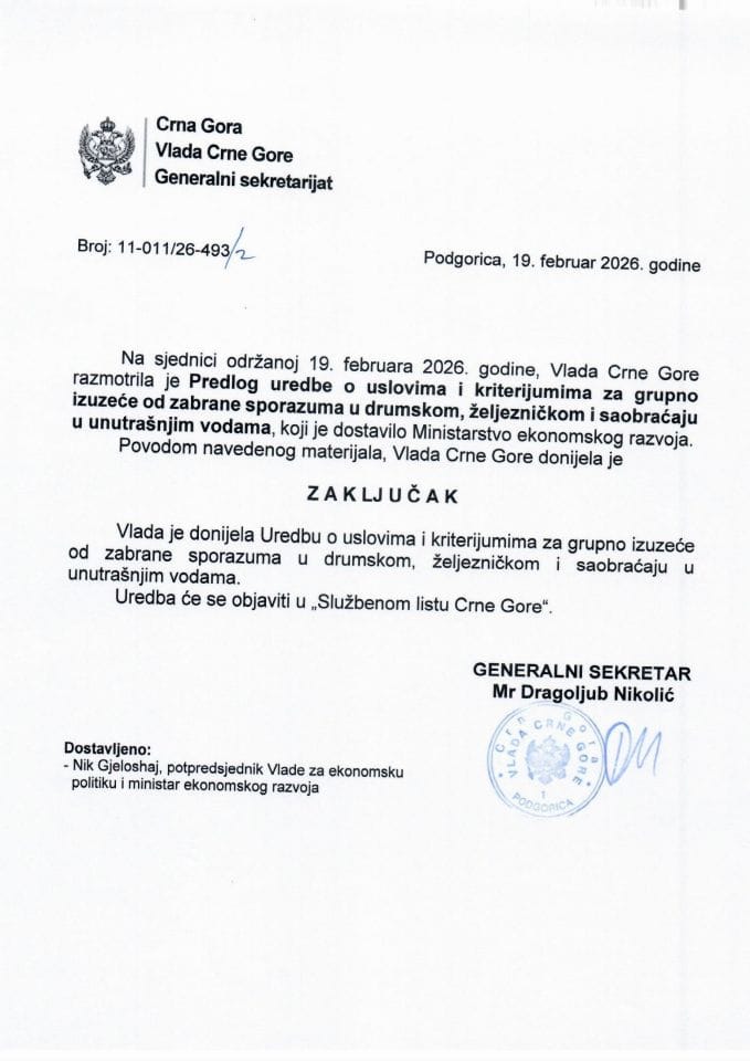 Predlog uredbe o uslovima i kriterijumima za grupno izuzeće od zabrane sporazuma u drumskom, željezničkom i saobraćaju u unutrašnjim vodama - Zaključci