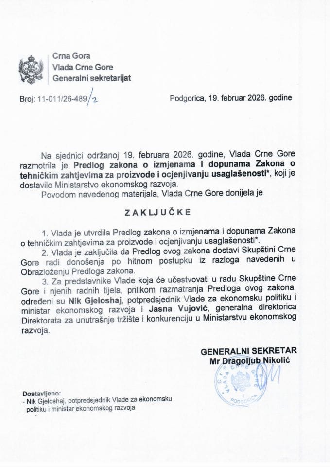 Predlog zakona o izmjenama i dopunama Zakona o tehničkim zahtjevima za proizvode i ocjenjivanju usaglašenosti* - Zaključci