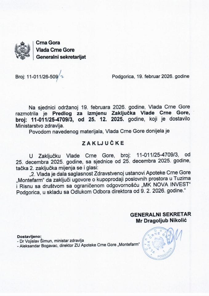 Predlog za izmjenu Zaključka Vlade Crne Gore, broj: 11-011/25-4709/3, od 25.12.2025. godine - Zaključci