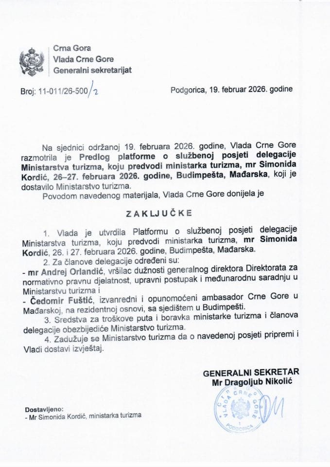 Predlog platforme o službenoj posjeti delegacije Ministarstva turizma, koju predvodi ministarka turizma, mr Simonida Kordić, 26-27. februar 2026. godine, Budimpešta, Mađarska - Zaključci