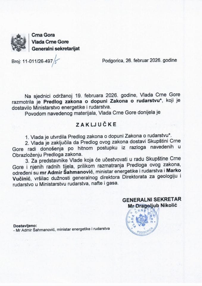 Predlog zakona o dopuni Zakona o rudarstvu* - Zaključci