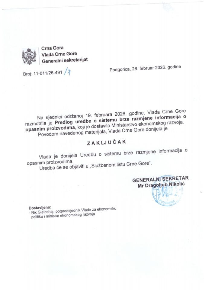 Predlog uredbe o sistemu brze razmjene informacija o opasnim proizvodima -Zaključci