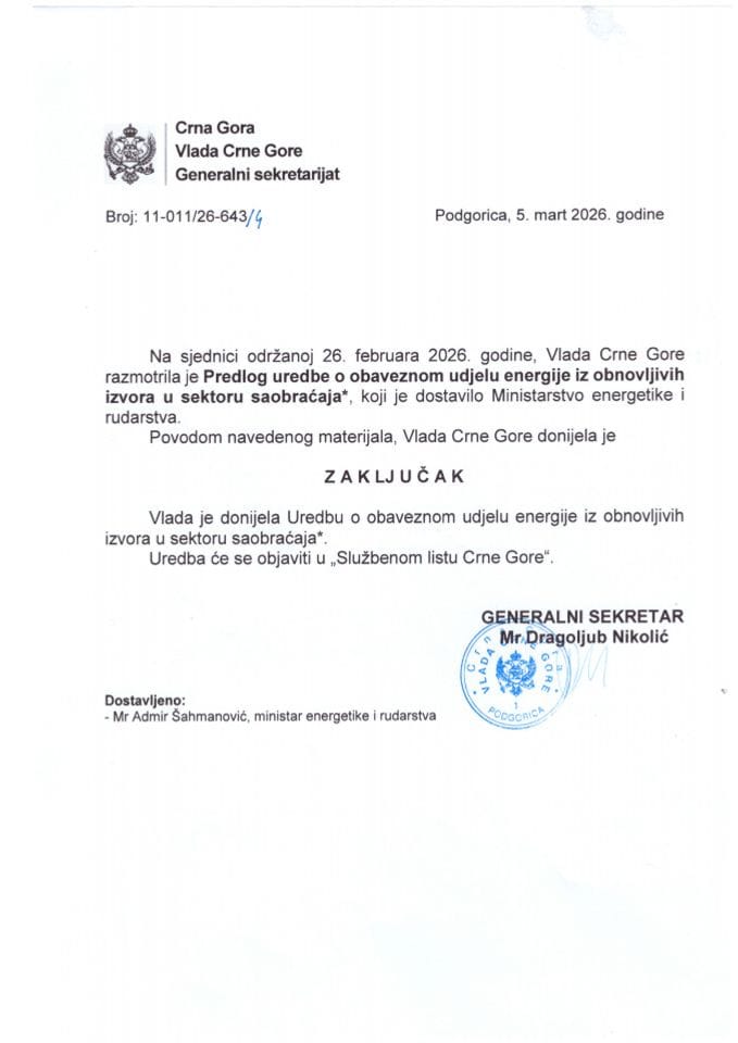 Предлог уредбе о обавезном удјелу енергије из обновљивих извора у сектору саобраћаја* - Закључци