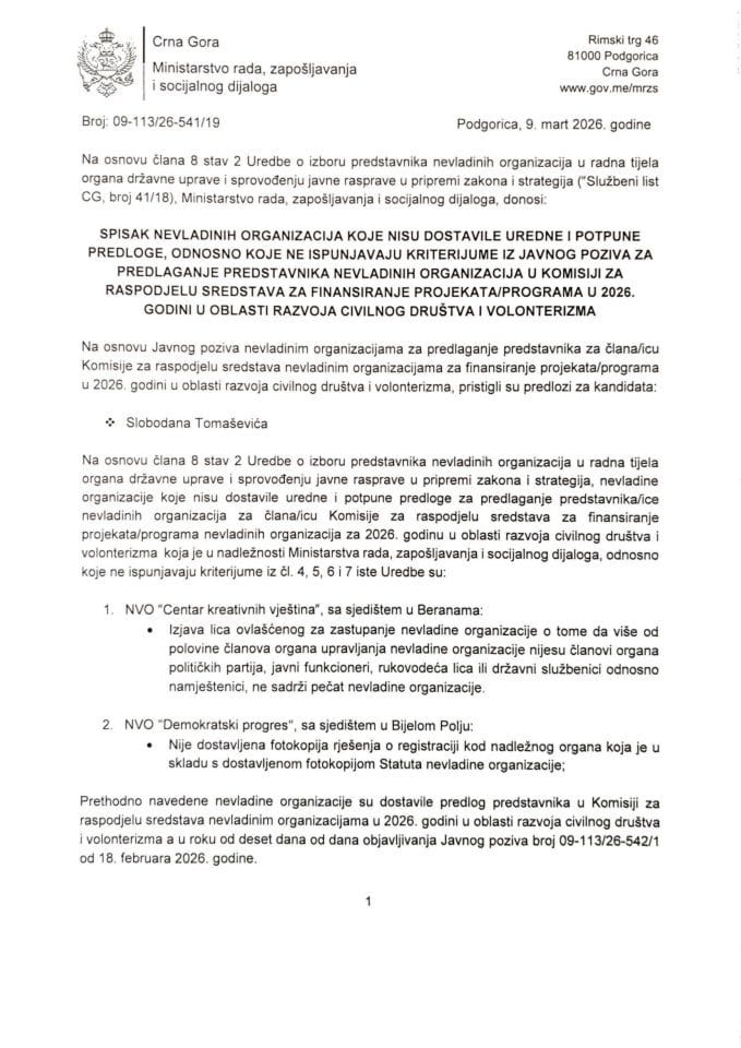 5_Spisak NVO koje nisu dostavile uredne predloge - oblast razvoja civilnog društva i volonterizma - 2026. godina