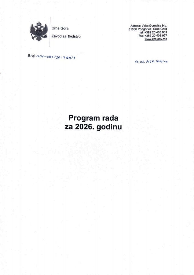 Program rada Zavoda za školstvo za 2026. godinu