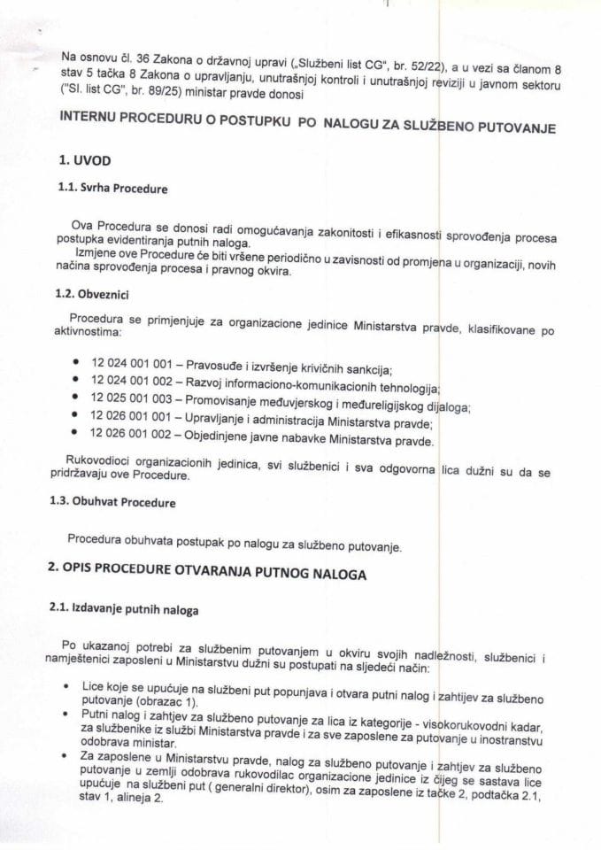 Interna procedura o postupku po nalogu za službeno putovanje