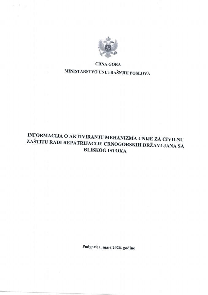 Informacija o aktiviranju Mehanizma Unije za civilnu zastitu radi repatrijacije crnogorskih drzavljana sa Bliskog istoka