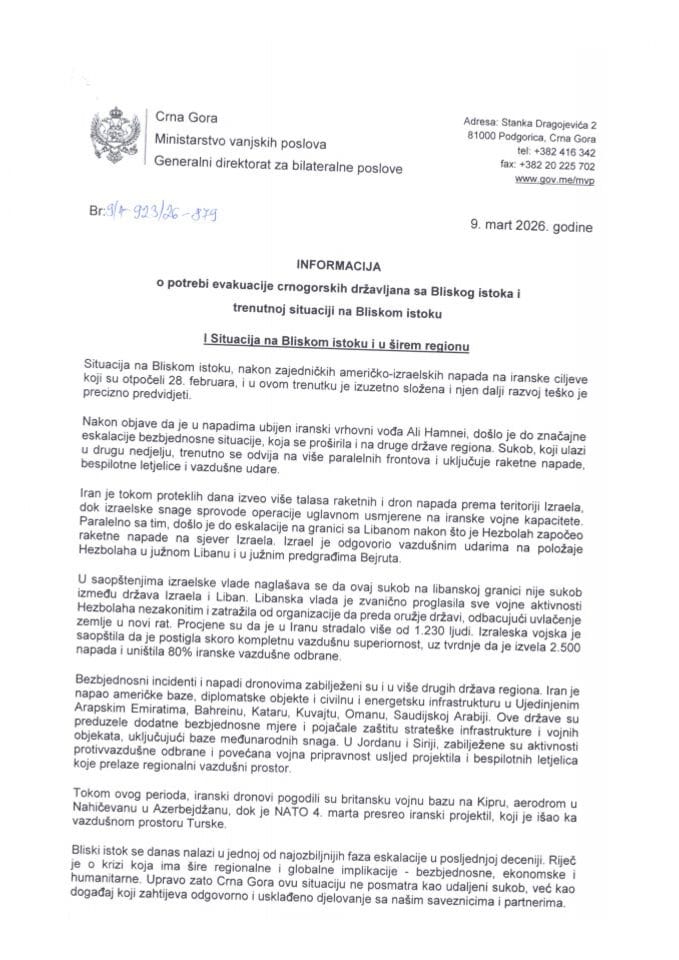 Informacija o potrebi evakuacije crnogorskih državljana sa Bliskog istoka i trenutnoj situaciji na Bliskom istoku