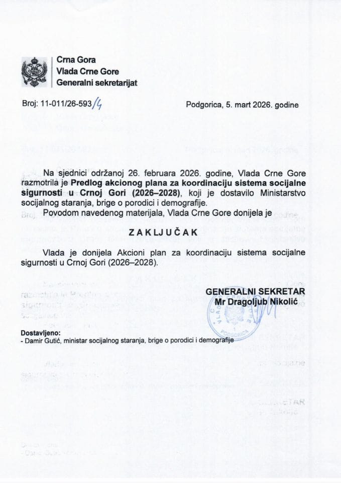 Предлог акционог плана за координацију система социјалне сигурности у Црној Гори (2026-2028) - Закључци