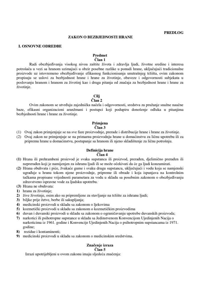 Predlog zakona o bezbjednosti hrane s Izvještajem sa javne rasprave