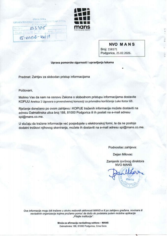 Zahtjev SPI br.05-012126-430-1 od 03.03.2026. MANS i Rješenje