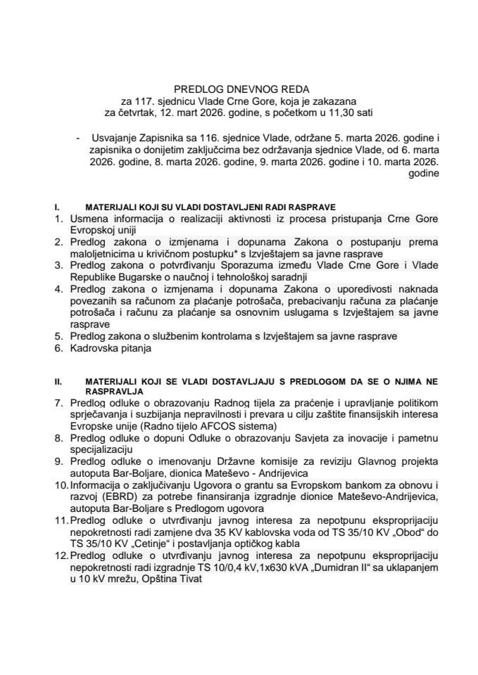 Предлог дневног реда за 117. сједницу Владе Црне Горе