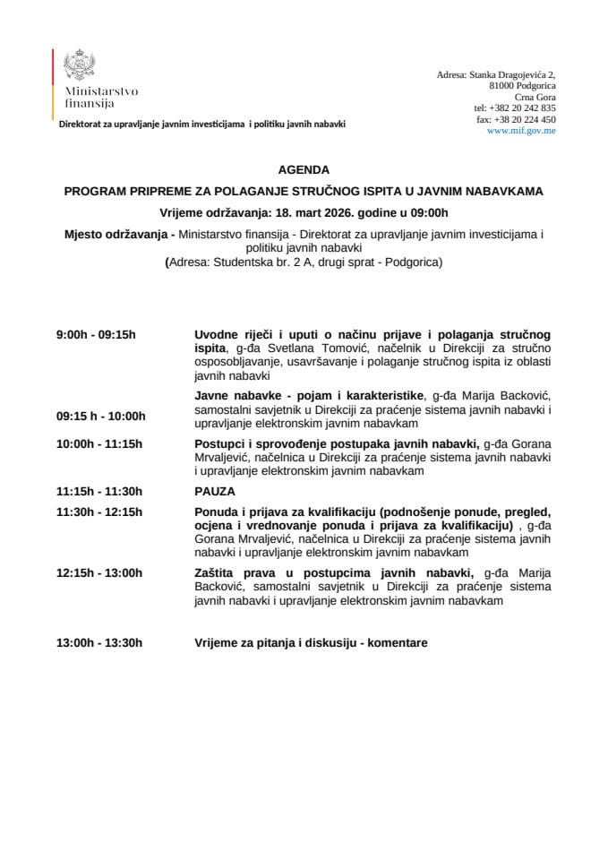 Agenda 18. mart 2026. godine