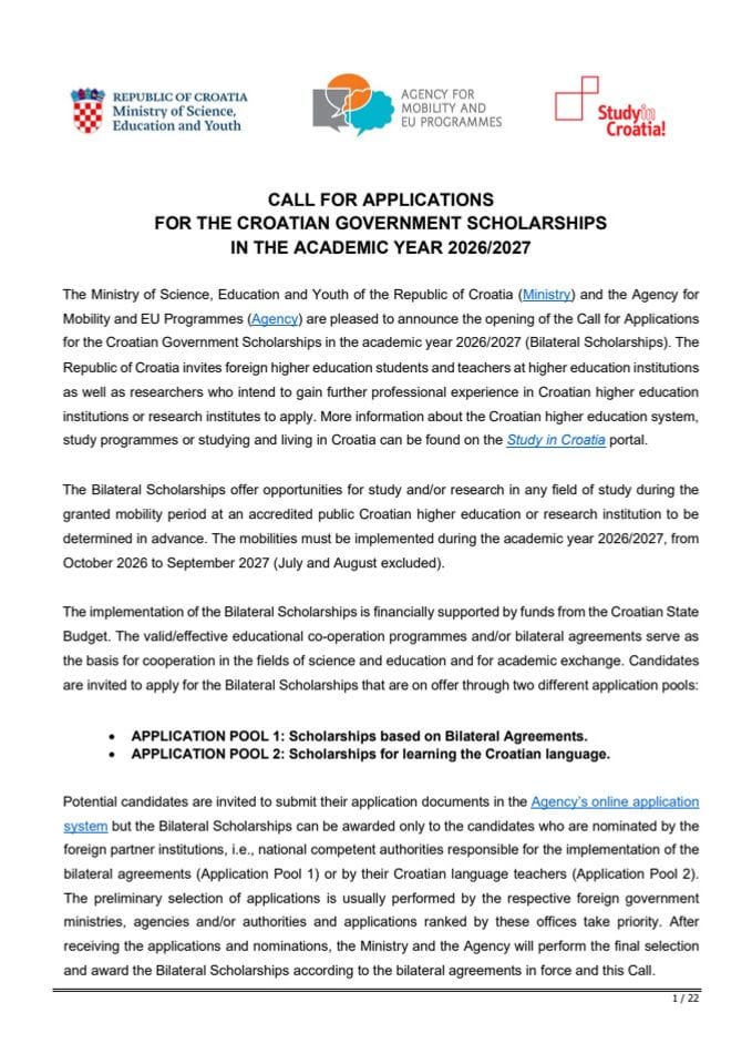 Call for Applications - Croatia 2026/2027.