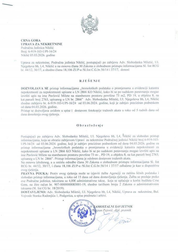 Rješenja o slobodnom pristupu informacijama - 12.03.2026.