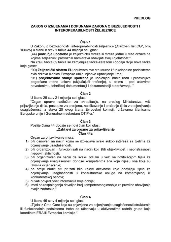 Predlog Zakona o izmjenama i dopunama Zakona o bezbjednosti i interoperabilnosti željeznice