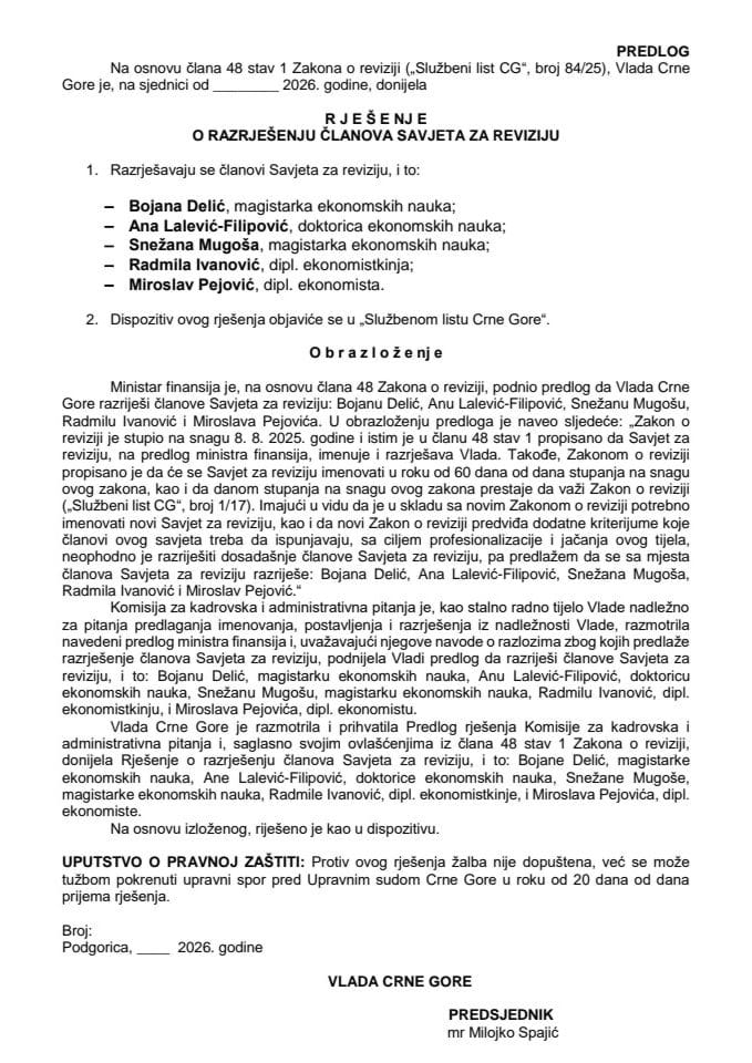 Predlog za razrješenje članova Savjeta za reviziju