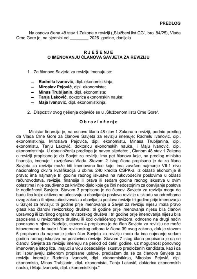 Predlog za imenovanje članova Savjeta za reviziju