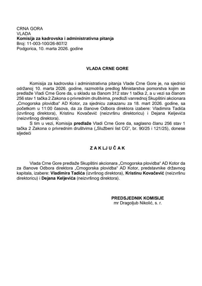 Predlog za izbor članova Odbora direktora „Crnogorska plovidba“ AD Kotor