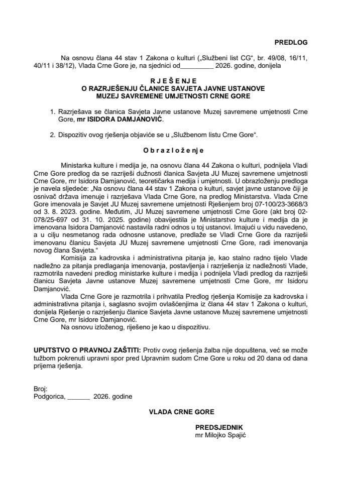 Predlog za razrješenje članice Savjeta JU Muzej savremene umjetnosti Crne Gore